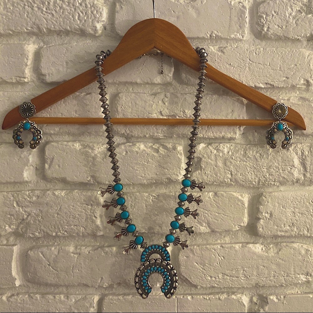 Squash Blossom Turquoise and Silver Necklace & Earrings Set